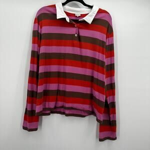 Kule Rugby Shirt Mens‎ XL Red Pink Brown Striped Long Sleeve Cotton Polo